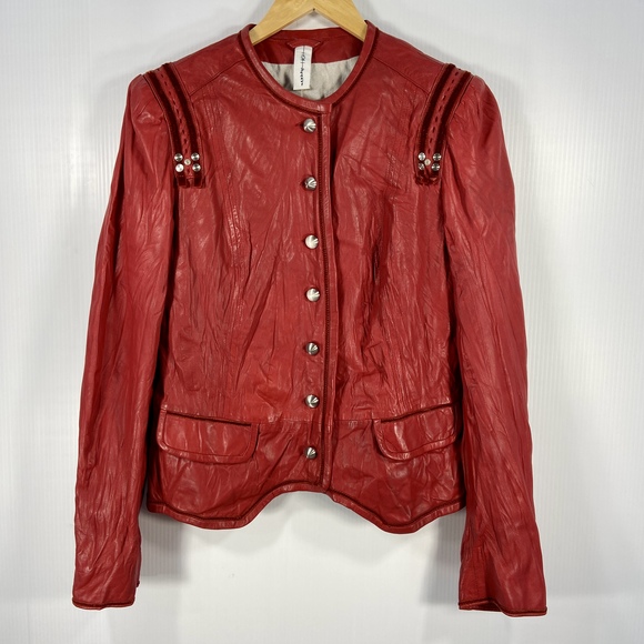 High Everyday‎ Couture Red Leather Button Front Jacket Studded Womens Size 12 - Picture 1 of 16